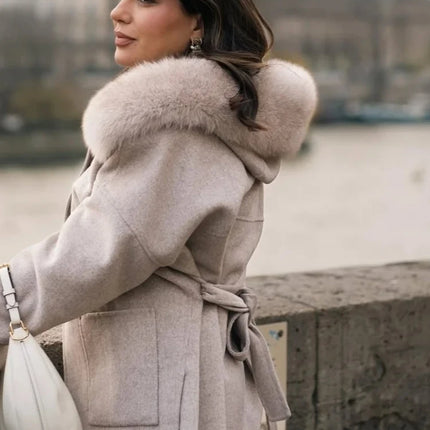 OFTBUY Omen Double Face Wool Coat Natural Fur Coat Wool Blend Jacket Winter Warm Elegant Long Sleeve Fur Cuffs Fashion Outerwear