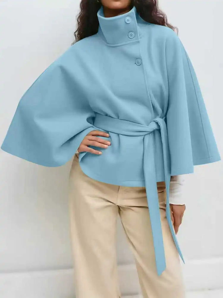 Autumn And Winter New Fashion Solid Color Cloak Stand-up Collar Button Belt Windbreaker Jacket Women's Temperament Commuting Top