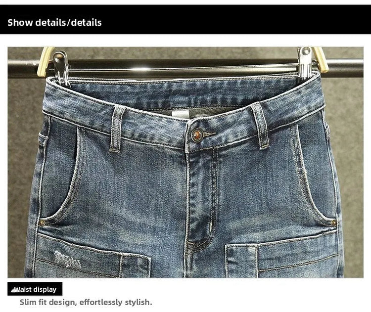 2025 Spring Autumn Korean Luxury Clothing New Cargo Brand Tooling Jeans Men's Slim High Street Men's Splicing Patch Trousers PlatiNum