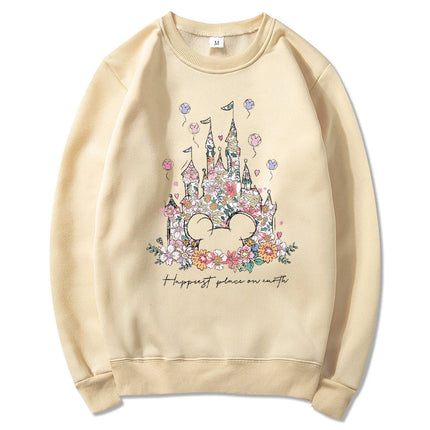 Aesthetic Floral Castle Sweatshirt Vintage Castle Hoodie Happiest Place on Earth Pullover Trendy Women Long Sleeves Sweatshirts