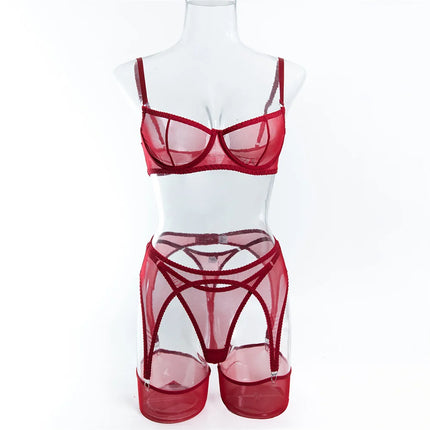 Krasapt Sexy Mesh See Through Lingerie 4 Piece Sets Woman Sheer Push Up Bras And Panties Garter Suits Erotic Intimate Outfits