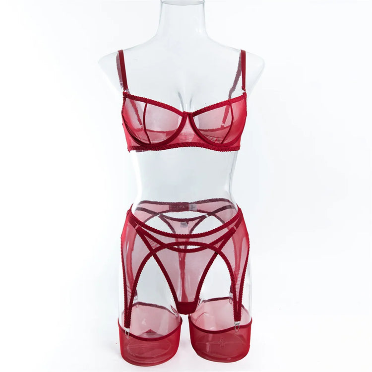 Krasapt Sexy Mesh See Through Lingerie 4 Piece Sets Woman Sheer Push Up Bras And Panties Garter Suits Erotic Intimate Outfits