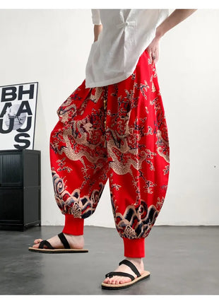 Men's Summer Pants 2026 Lightweight Thin Cotton Comfortable Beach Trousers, Loose Casual Hip Hop Printed Pants, Fashion Oversized Jogger Pants