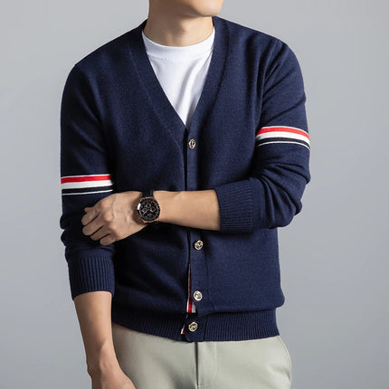 High End Brand Knitted Cardigan Men's Autumn Trend Color Blocked Striped Designer New shawl Korean Casual V-Neck sweater Coat