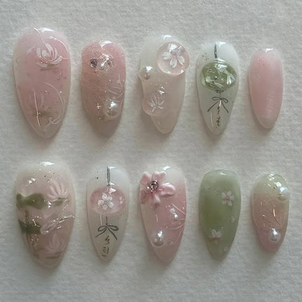 24pcs Pink Flower Almond Press on Nails Kawaii False Nails Wearable Stick-on Nails Fake Nail Uñas Postizas Накладные Ногти 네일팁2028