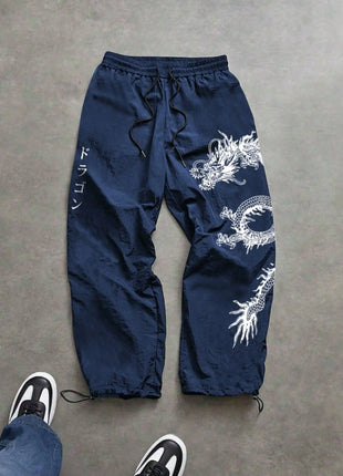 Pantaloni Larghi in Nylon con Stampa Drago per Uomo, Primavera-Estate, Joggers Streetwear per Palestra e Uso Quotidiano, Nero e Blu
