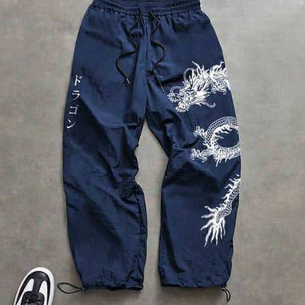 Pantaloni Larghi in Nylon con Stampa Drago per Uomo, Primavera-Estate, Joggers Streetwear per Palestra e Uso Quotidiano, Nero e Blu