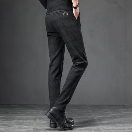 Spring Autumn Men's Korean Casual Pants Slim Straight Brushed Plaid Stretch Fashion Man Pants Office Social Business Trousers