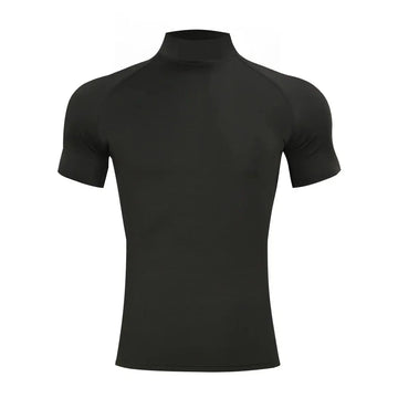 Mens Bodybuilding Sports Tight T-shirt Summer Compression Turtleneck Short Sleeve Gym Fitness Running Quick Dry Male Workout Top PlatiNum