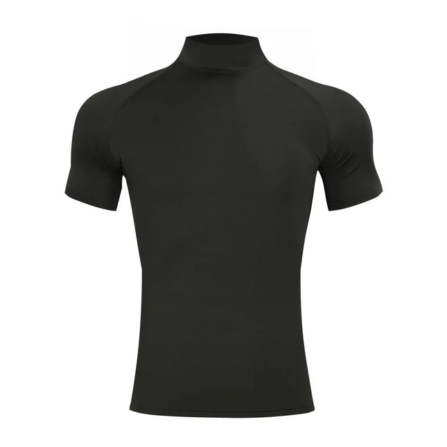 Mens Bodybuilding Sports Tight T-shirt Summer Compression Turtleneck Short Sleeve Gym Fitness Running Quick Dry Male Workout Top PlatiNum