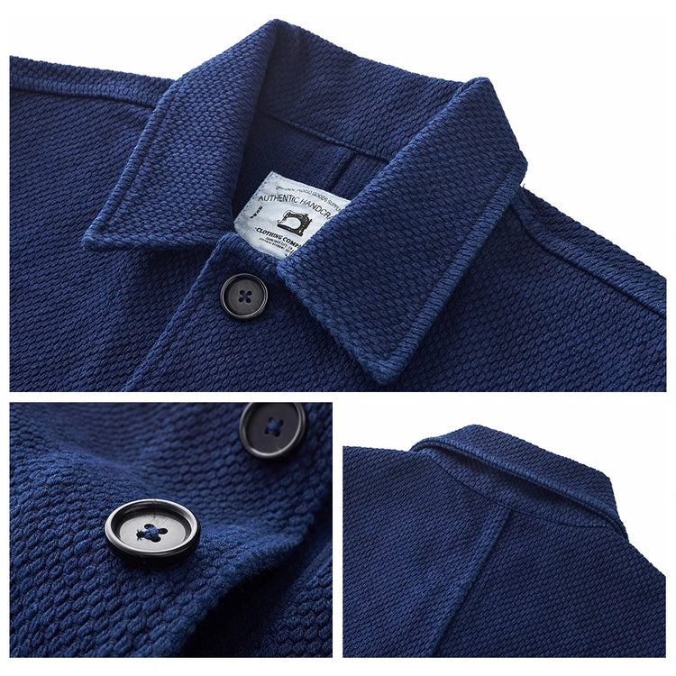 Vintage French Indigo Cargo Jacket Men Autumn Winter New Lapel Multi-pocket Blue Dyed Tooling Jacket Retro Casual Cardigan Coat
