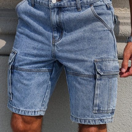 Pantaloncini jeans regolari estivi blu da uomo. Design multitasche. Elegante e casual.