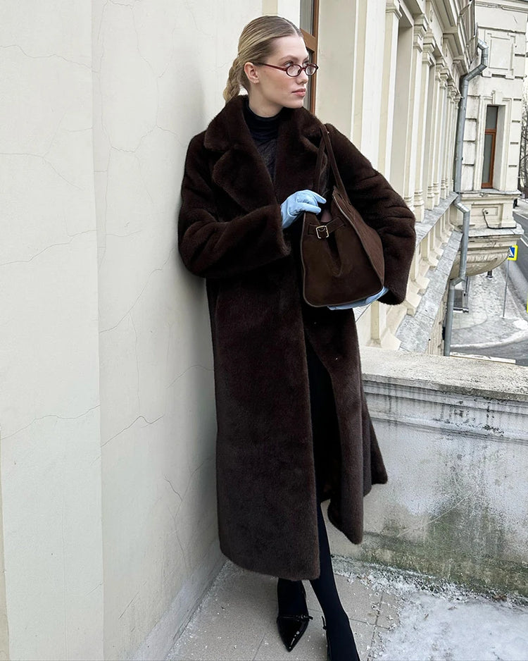 ZADORIN 110cm Long Lapel Belted Brown Faux Fur Coat Woman Elegant Mink Fur Faux Coat Fluffy Fur Jackets for Woman Winter Clothes
