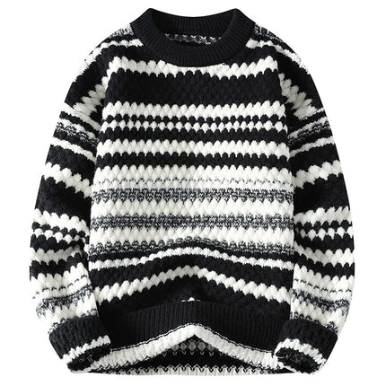 Winter Men's Loose Pullover Male Slim Fit Fashion Knitted Sweater Man Thick Warm Pull Homme Retro Stripe Sweaters