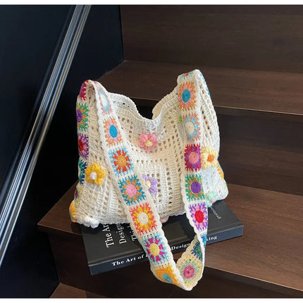 Borsa tote da donna in stile boho con motivo floreale all'uncinetto, borsa a tracolla in maglia intrecciata di grande capacità, borsa da spiaggia estiva per ragazze