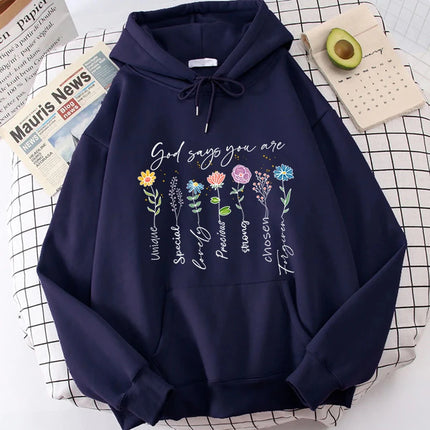 Fashion Funny Flower God Says You Are Unique Special Print Hoodies For Women Loose Hooded Sweatshirts Plus Size Pullovers Hoodie