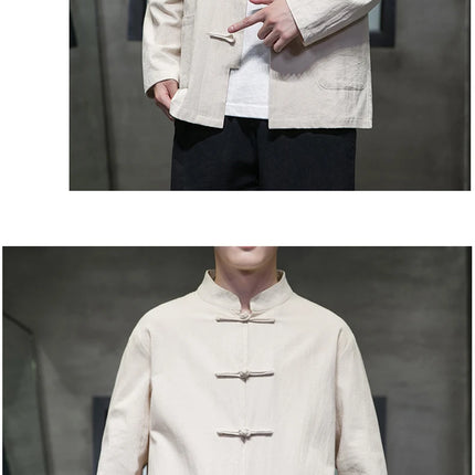 Camicie da uomo stile cinese retrò lino cotone tinta unita vestito Tang top cardigan uomo casual Kung Fu Tai Chi camicette da uomo abbigliamento