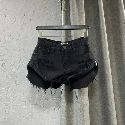 Shorts in denim da donna a vita alta, strappati, con orlo grezzo e sfilacciato, casual, hot pants