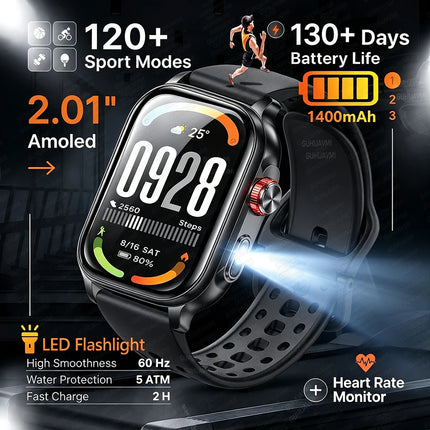 2026New Smart Watch Fitness Clock Men 2.01" AMOLED Screen 1400mAh 130+ Days Battery Life Flashlight Call Waterproof Smartwatches