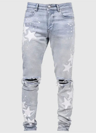 Vintage Star Print Stretch Punk Style Ripped Jeans Men's Streetwear Fashion Pocket Male Youth Daily Casual Denim Pencil Pants PlatiNum