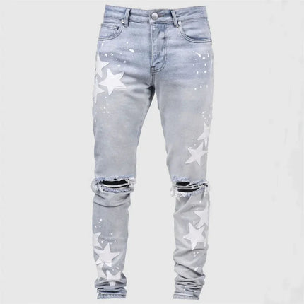 Vintage Star Print Stretch Punk Style Ripped Jeans Men's Streetwear Fashion Pocket Male Youth Daily Casual Denim Pencil Pants PlatiNum
