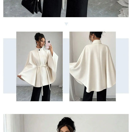 Elegant Stand Collar Tie Waist Cape Design Wool Coat, Coats for Women Spring Summer Outerwear with Chic Overcoat Style