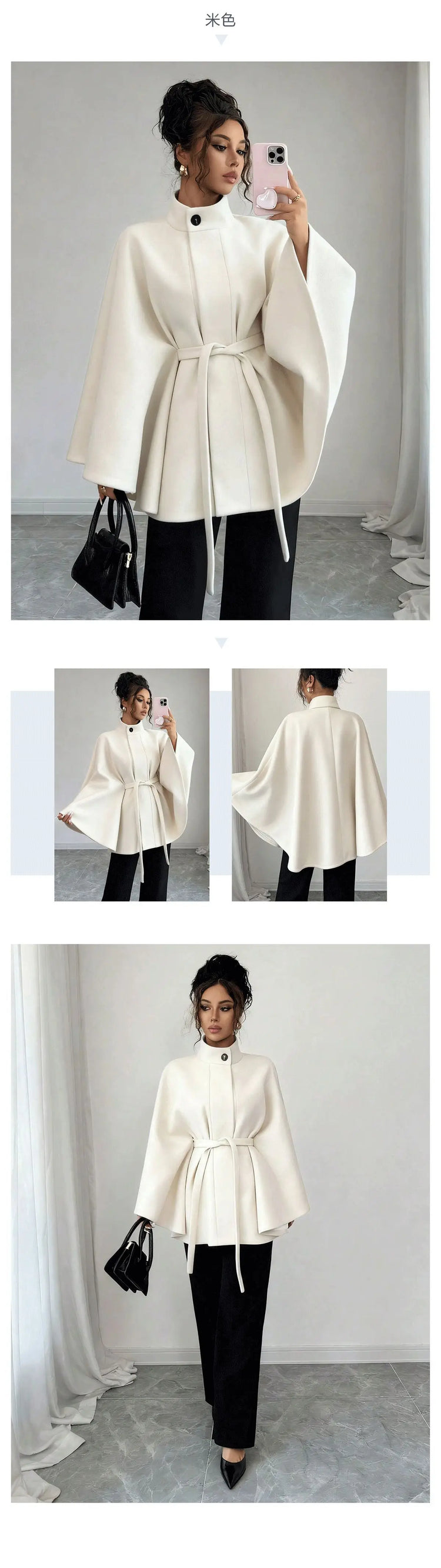 Elegant Stand Collar Tie Waist Cape Design Wool Coat, Coats for Women Spring Summer Outerwear with Chic Overcoat Style