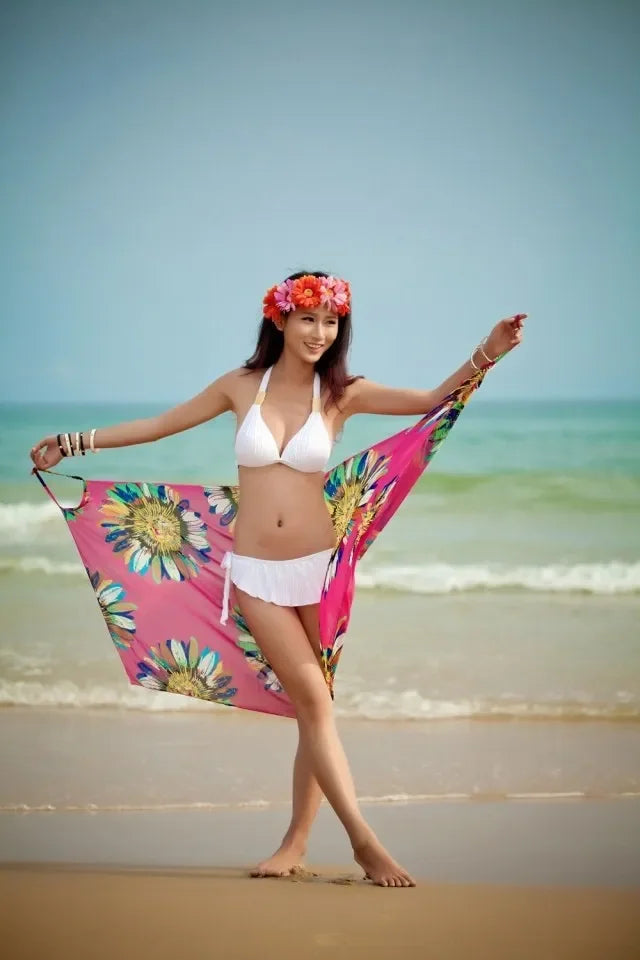 Copricostumi stampati Abito da spiaggia sexy Donna Halter Sling Chiffon Asciugamano da spiaggia Bikini Wrap Pareo Gonne Costumi da bagno aperti sul retro platinumshop