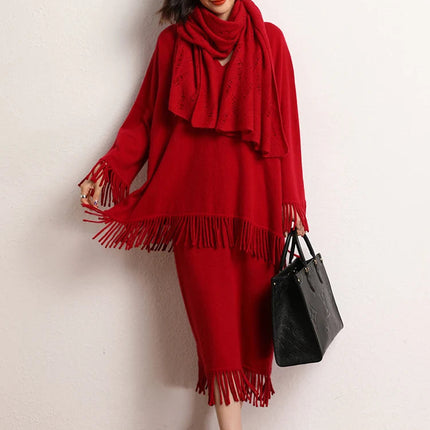 New Straight A-line Skirt Women's 100% Cashmere knitwear Spring Autumn Casual Loose Tassels Soft High Waist Mid Length Skirt PlatiNum