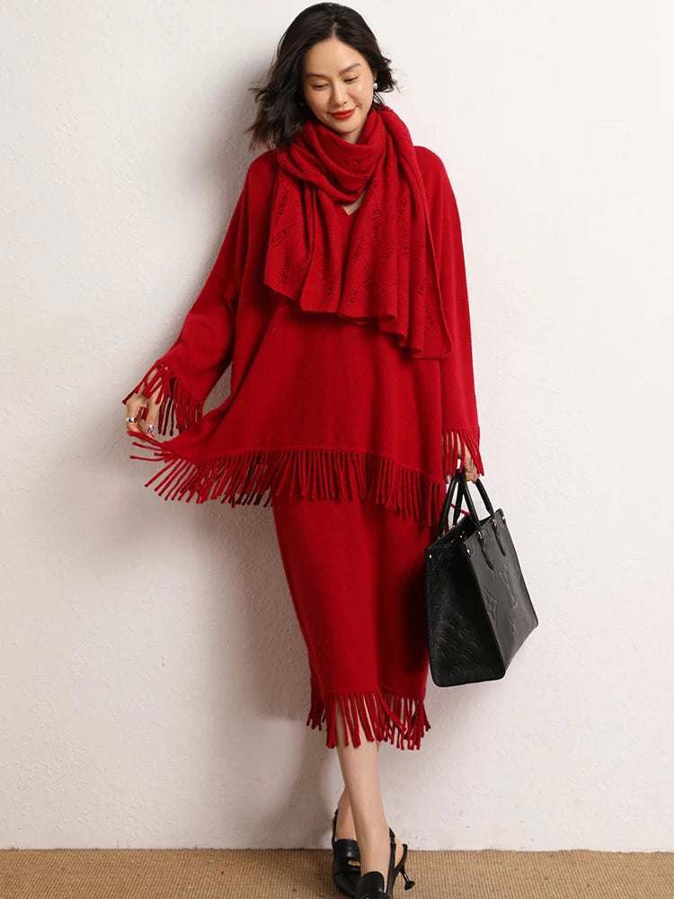 New Straight A-line Skirt Women's 100% Cashmere knitwear Spring Autumn Casual Loose Tassels Soft High Waist Mid Length Skirt PlatiNum
