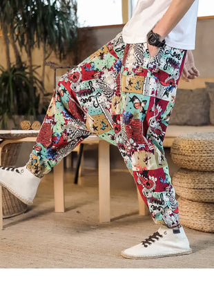 Pantaloni Harem da Uomo 2026 Stile Retrò con Stampa, Pantaloni Jogger Larghi e Comodi con Cavallo Ribassato, Stile Nepal Oversize, Pantaloni Casual da Uomo con Cavallo Ribassato