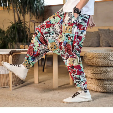 Pantaloni Harem da Uomo 2026 Stile Retrò con Stampa, Pantaloni Jogger Larghi e Comodi con Cavallo Ribassato, Stile Nepal Oversize, Pantaloni Casual da Uomo con Cavallo Ribassato