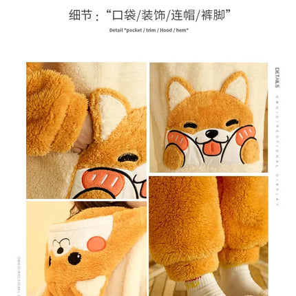 2024 New Plush Pajamas Set for Women Thick Hooded Women 2 Piece Clothes Set Cute Rabbit Women Pyjamas Coral Fleece Warm Homewear