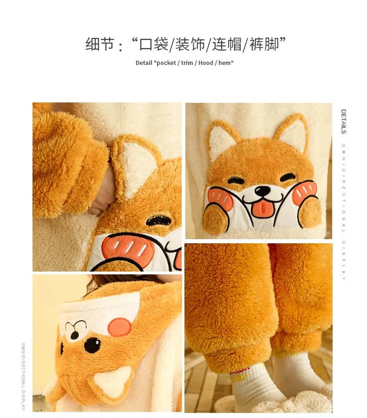 2024 New Plush Pajamas Set for Women Thick Hooded Women 2 Piece Clothes Set Cute Rabbit Women Pyjamas Coral Fleece Warm Homewear