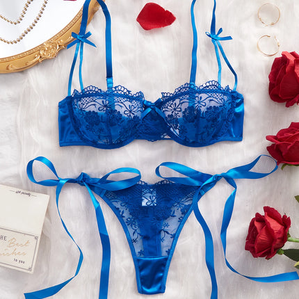 Lady Floral Embroidery Lingerie Set Women Sheer Bra and Brief Underwear Set Satin Sexy Intimates Underwear
