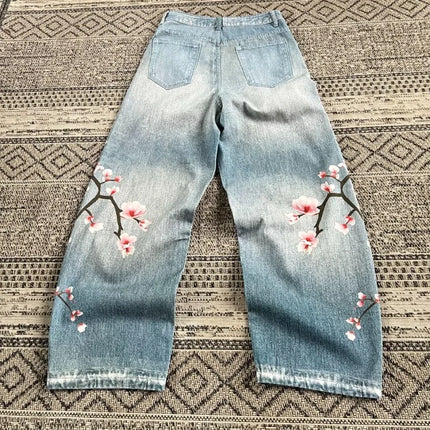 Jeans Oversize Y2K con Stampa Geometrica e Fiori di Ciliegio, Stile Harajuku, Pantaloni Larghi Casual da Donna