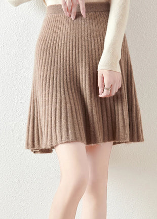 Korean Skirt 100% Merino Wool Women's Knitted Mini Skirt Autumn and Winter Women's Fashion Solid Color Small Umbrella Skirt PlatiNum