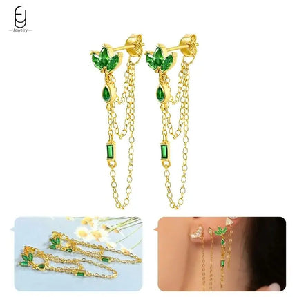 925 Sterling Silver Needle Green Zircon Gold Earrings Heart Hoop Earrings for Women Delicate Stud Earrings Luxury Jewelry Gifts PlatiNum
