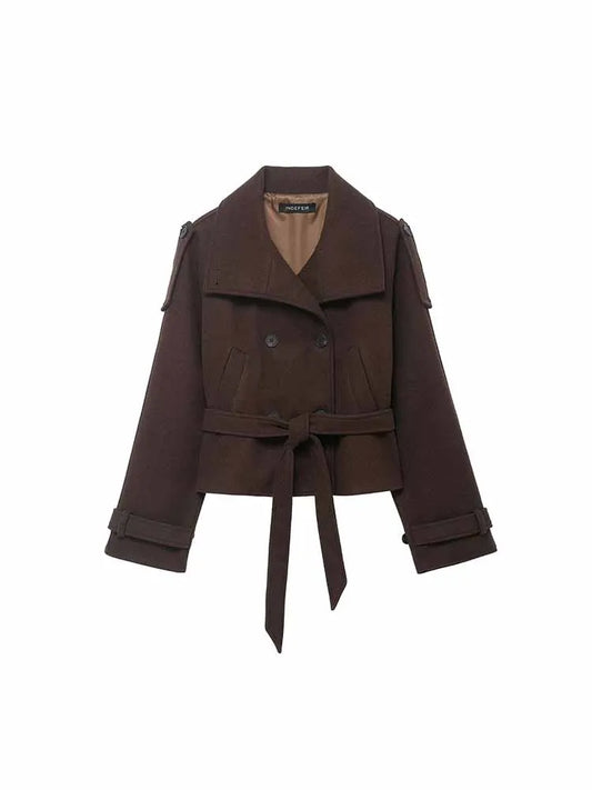 HH Woman Winter Fashion High Collar Long Sleeves Double Breasted Belt Short Coat Jacket Female Casual Versatile Commuting Jacket