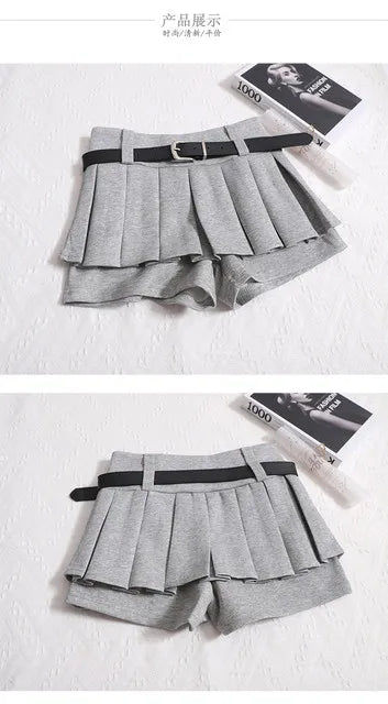Womens Shorts Autumn Winter Belt High Waist Fluffy Pleated A-line Short Pants Korean Fashion Sexy Y2k All Match Clothes