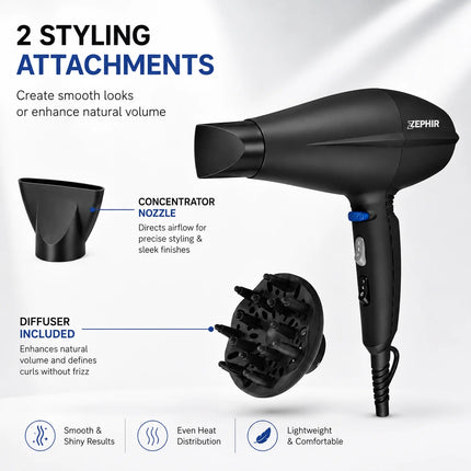 Zephir ZHB2002 Hair Dryer 2200W AC Motor Professional Blow Dryer with Diffuser & Styling Nozzle Black