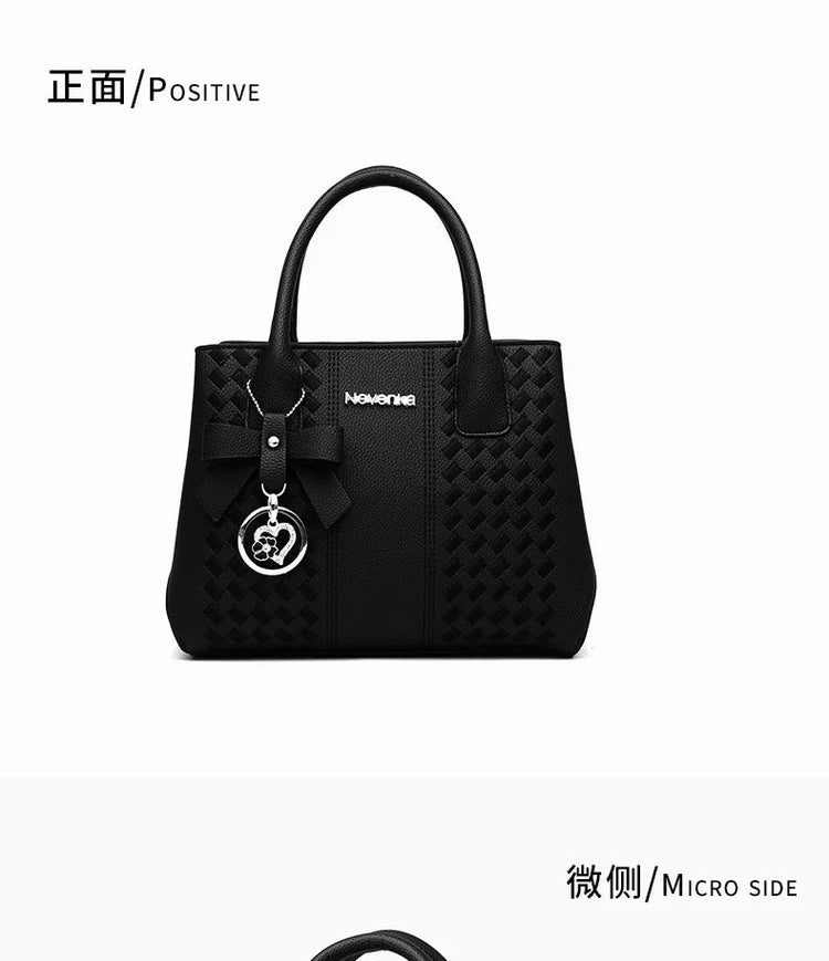 Bow Metal Pendant Top Handle Satchel Crossbody Bag, PU Leather Textured Bag Purse, Classic Versatile Fashion Shoulder Bag PlatiNum
