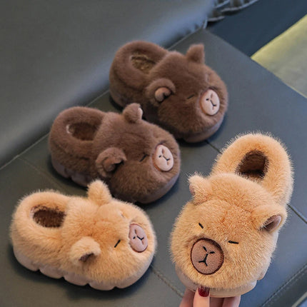Winter 2025 Children's Capybara Slippers Parents Kids Size 24-45 Cartoon House Slippers Non Slip Soft Sole Plush Slippers Women
