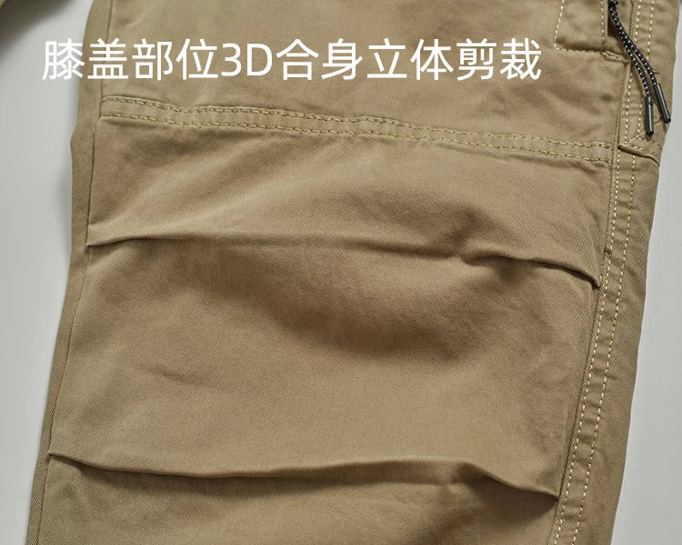 Autumn New American Retro Woven Cargo Pants Men's 97.5% Cotton Washed Elastic Waist Drawstring Loose Casual Anke-tied Trousers