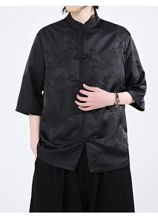 Camicie cinesi Camicia retrò in seta di ghiaccio con motivo floreale scuro Tradizionale Kung Fu Tai Chi Casual Loose Fit Top da uomo traspirante estivo