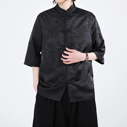 Camicie cinesi Camicia retrò in seta di ghiaccio con motivo floreale scuro Tradizionale Kung Fu Tai Chi Casual Loose Fit Top da uomo traspirante estivo