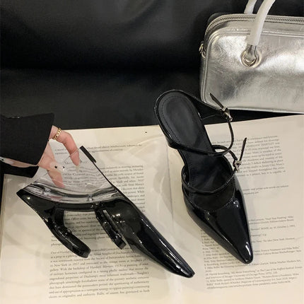 Liyke New Fashion Transparent Wedge Slippers Women Pumps Patent Leather Pointed Toe Buckle Strap Designer High Heels Mules Shoes PlatiNum