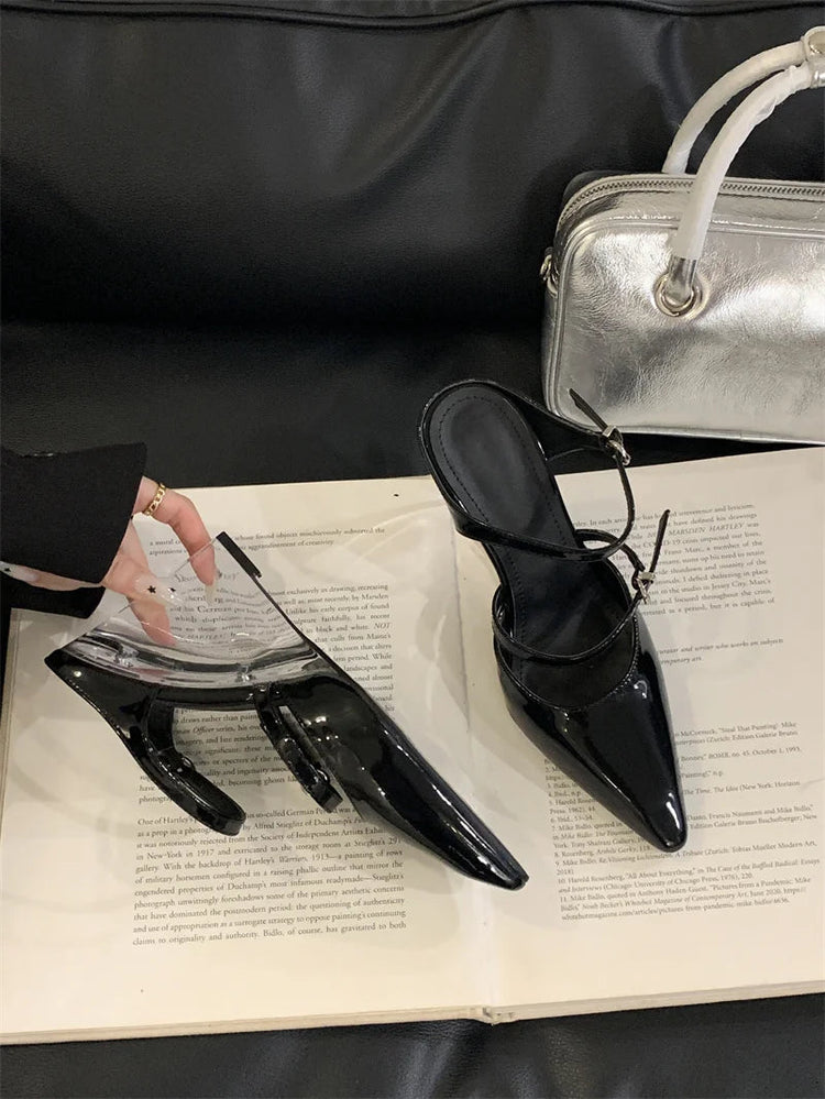 Liyke New Fashion Transparent Wedge Slippers Women Pumps Patent Leather Pointed Toe Buckle Strap Designer High Heels Mules Shoes PlatiNum