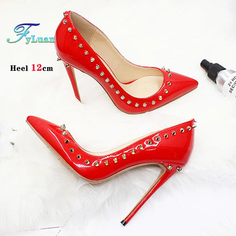 Women 12CM Stiletto Fashion Rivet High Heels Black Red Shallow Mouth Single Shoes Club Party Female Pointy Pumps Plus Size 34-45