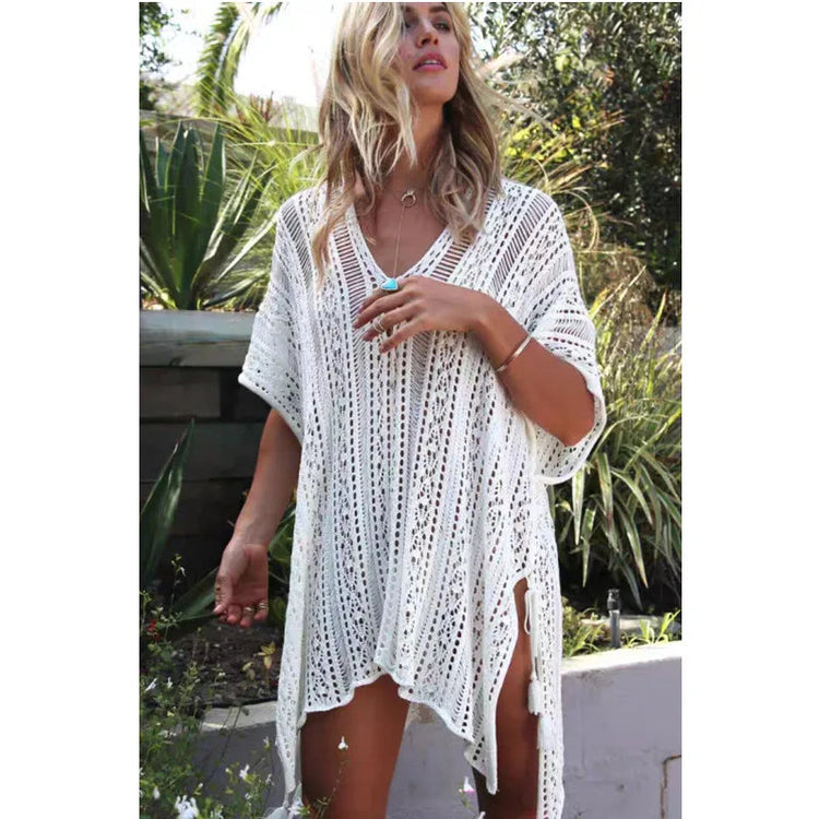 Abito scollato in maglia senza bikini, maniche lunghe girocollo trasparente abito copricostume all'uncinetto, costumi da bagno e abbigliamento da donna platinumshop